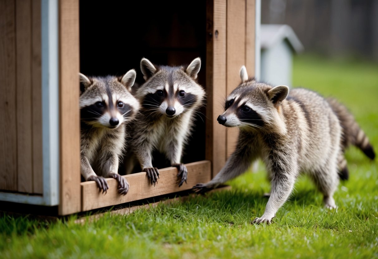 A group of curious raccoons peeking into a chicken coop, with one reaching out towards the chickens