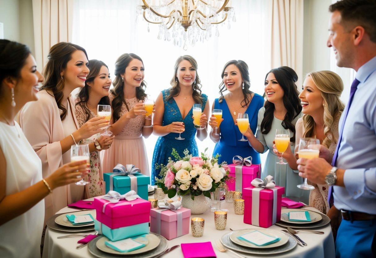 A group of excited guests gather around a beautifully decorated table at the bridal shower. They are sipping on drinks and admiring the gifts on display