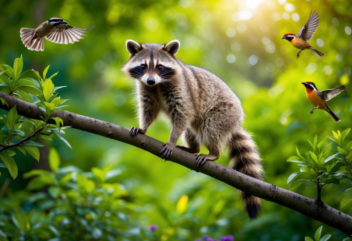 A raccoon stands on a tree branch in a lush forest, surrounded by vibrant greenery and chirping birds
