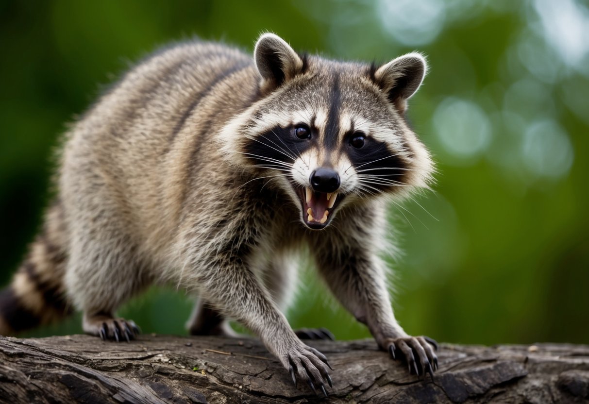 A raccoon bares its teeth and lunges forward, ready to bite