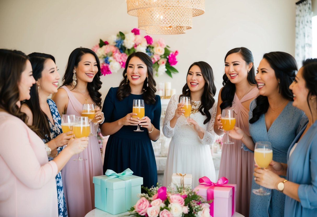 A group of women gather in a decorated room, sipping drinks and chatting joyfully at a bridal shower. Gifts and flowers adorn the space