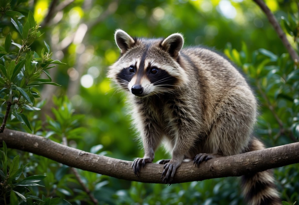 A raccoon sits on a branch in a lush Spanish forest, surrounded by native flora and fauna. Its inquisitive eyes peer out from its masked face