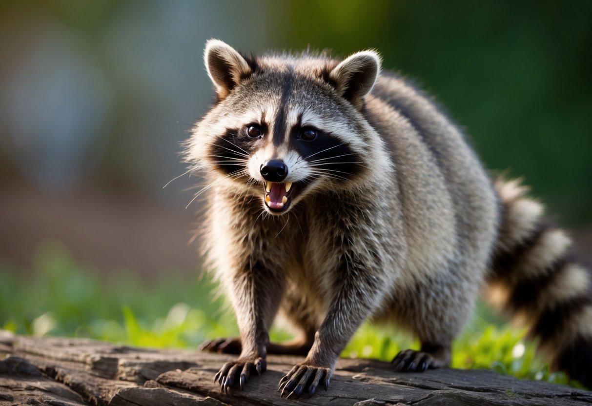 A raccoon bares its teeth and hisses, its body tense and tail raised defensively