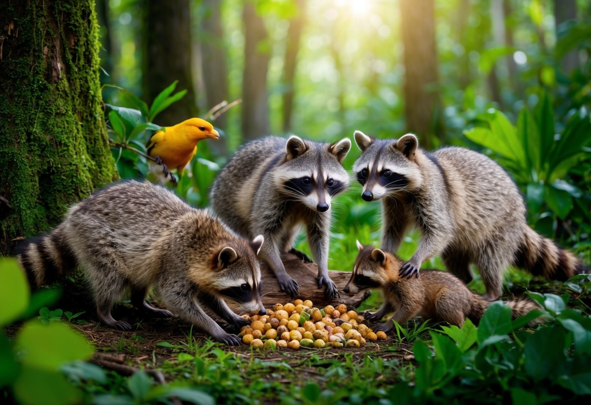 A lush forest with diverse wildlife, including raccoons scavenging for food and interacting with other animals, showcasing their impact on the local ecosystem