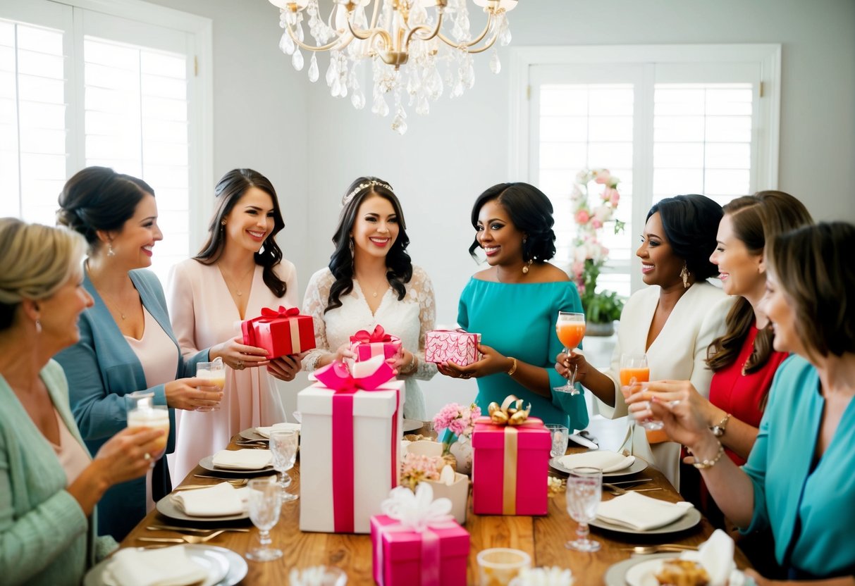 A group of women gather for a bridal shower, bringing gifts and enjoying refreshments together