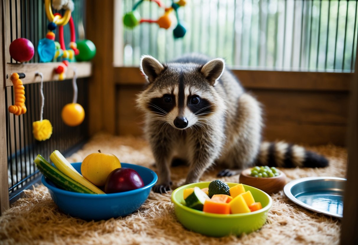 A raccoon sits in a cozy indoor enclosure, surrounded by toys and enrichment items. A bowl of fresh fruits and vegetables sits nearby, and a water dish is within reach