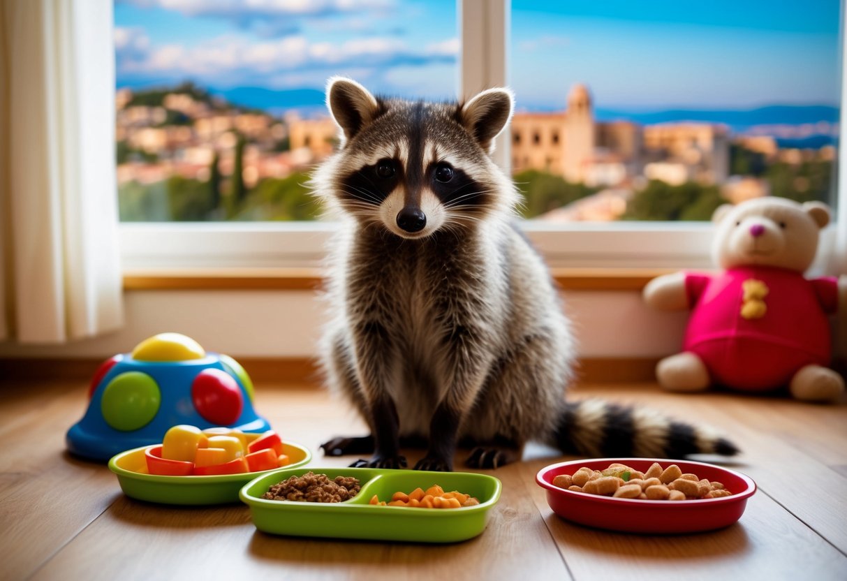 A raccoon sitting in a cozy domestic setting, surrounded by toys and food dishes, with a window showing a Spanish landscape in the background