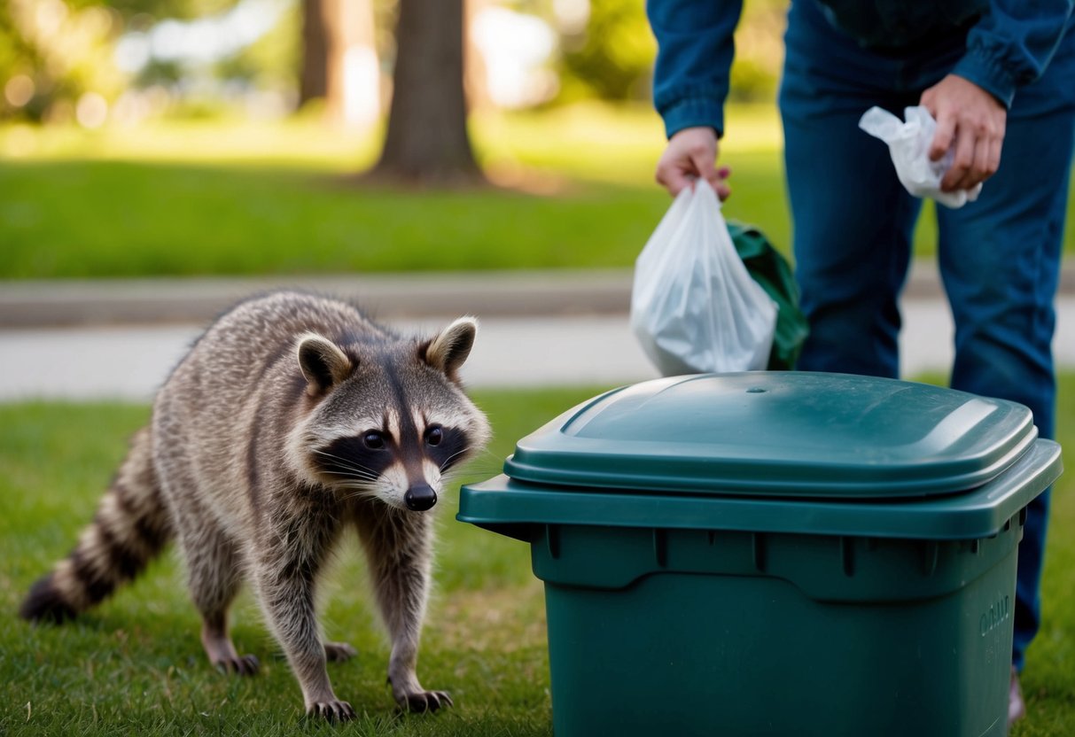 A raccoon cautiously approaches a trash can, sniffing the air. Nearby, a person secures their garbage with a tight lid and keeps their distance