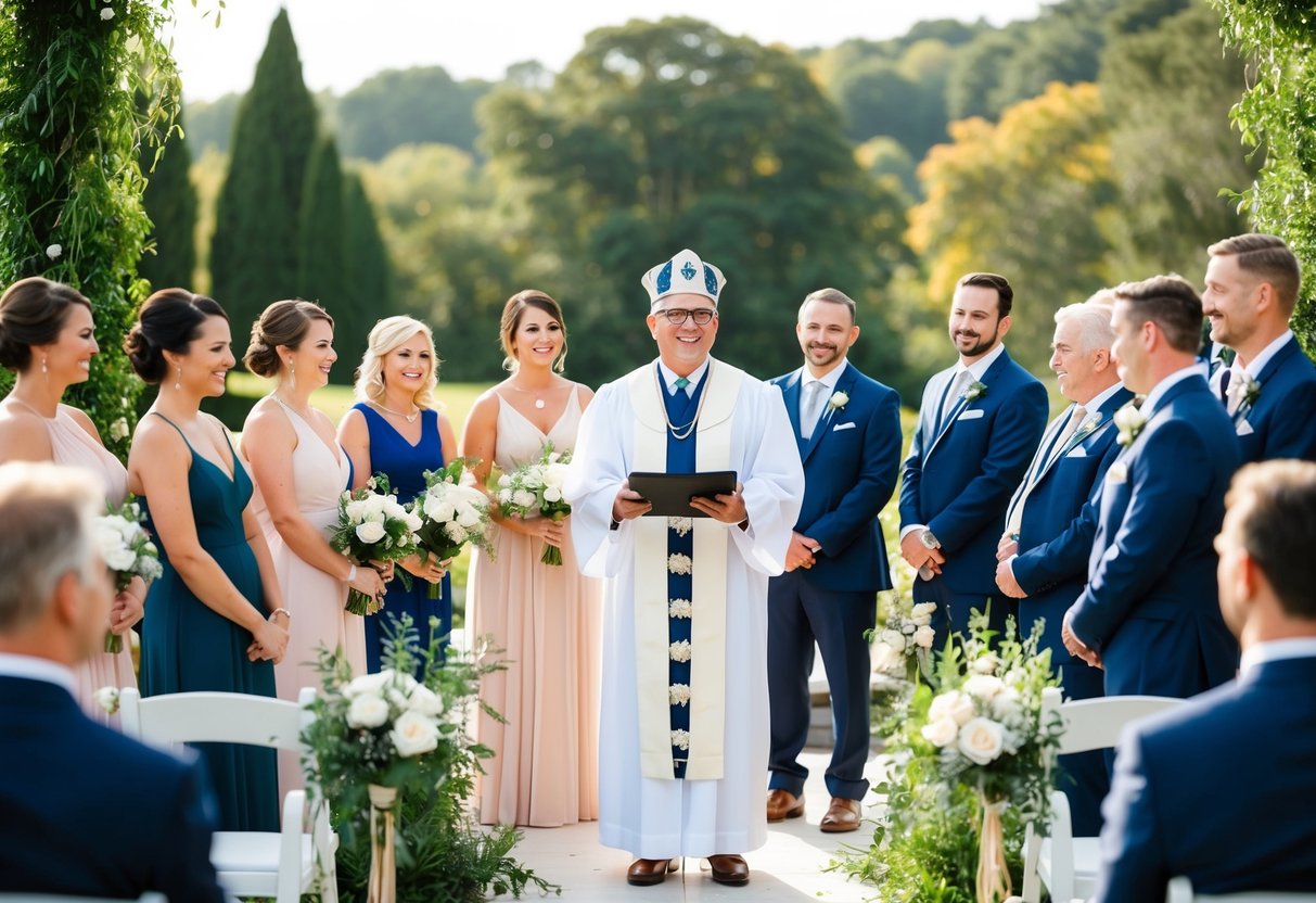 A celebrant stands at the center of a wedding ceremony, surrounded by a couple and their guests, all gathered in a beautiful outdoor setting