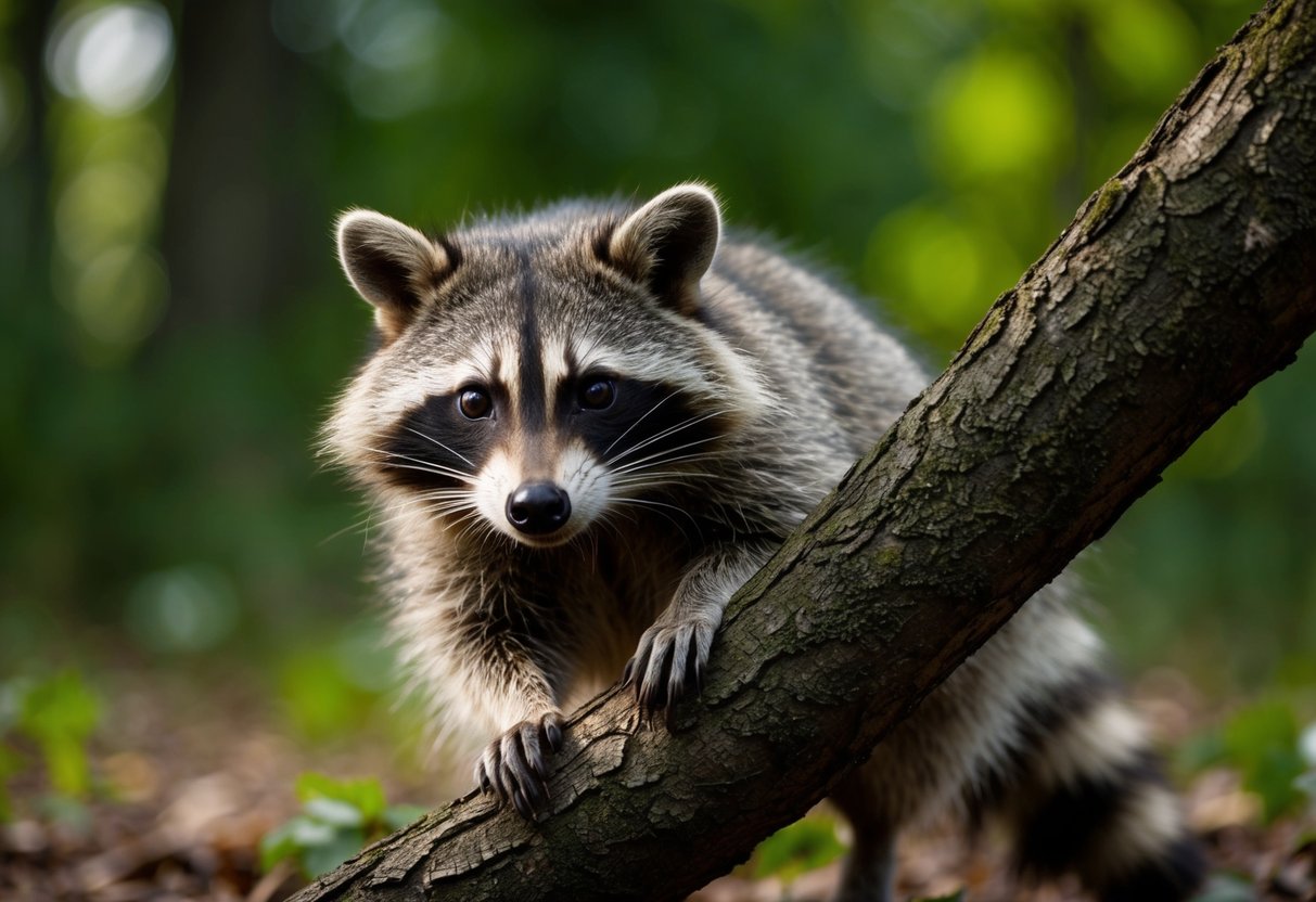 A raccoon cautiously peers out from a tree branch, scanning the forest floor for potential predators such as coyotes and bobcats