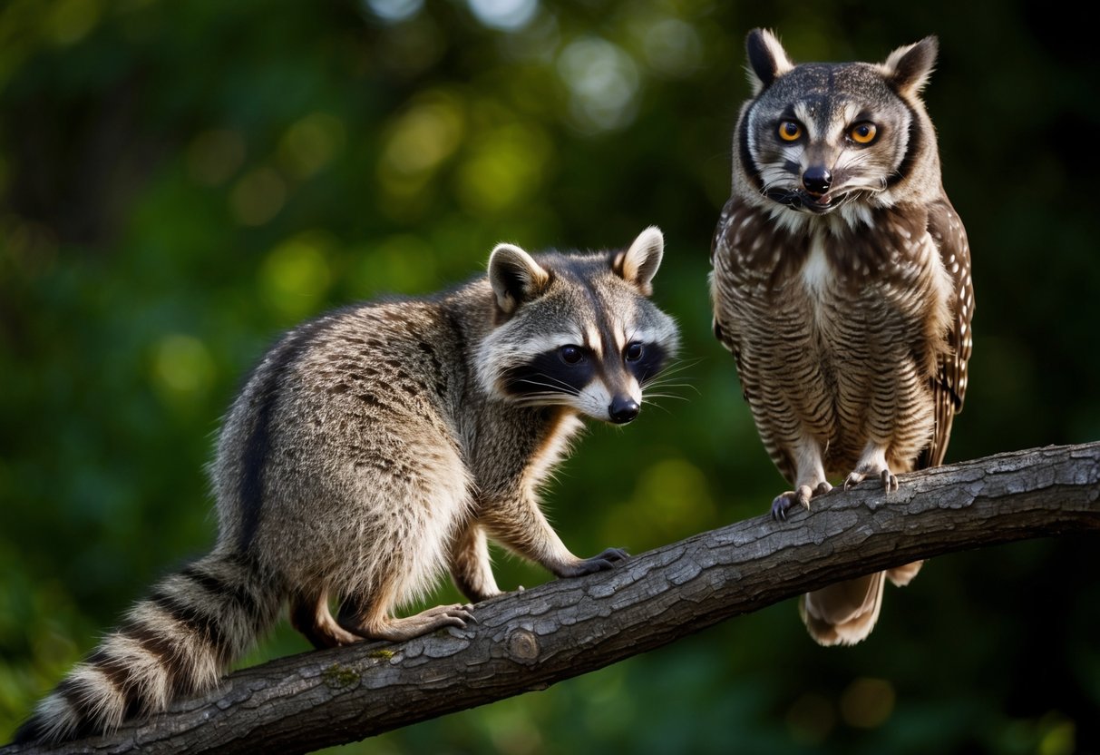 A raccoon cowers in the shadows as a large owl perches on a nearby branch, its piercing eyes fixed on the small mammal
