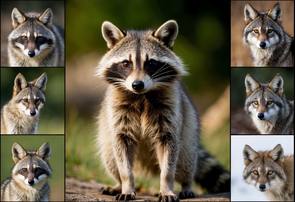 A raccoon stands alert, surrounded by images of larger predators such as wolves, coyotes, and mountain lions