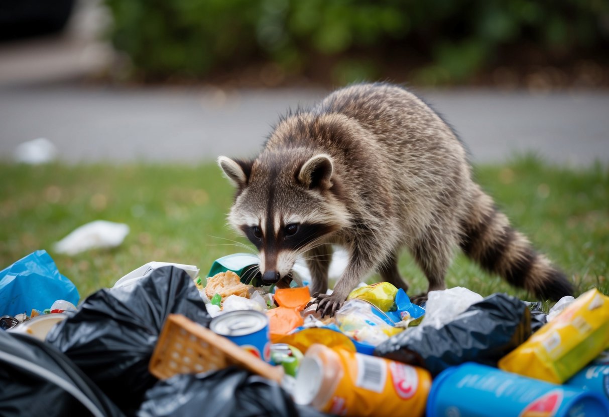 A raccoon sniffing a pile of garbage, surrounded by discarded food items