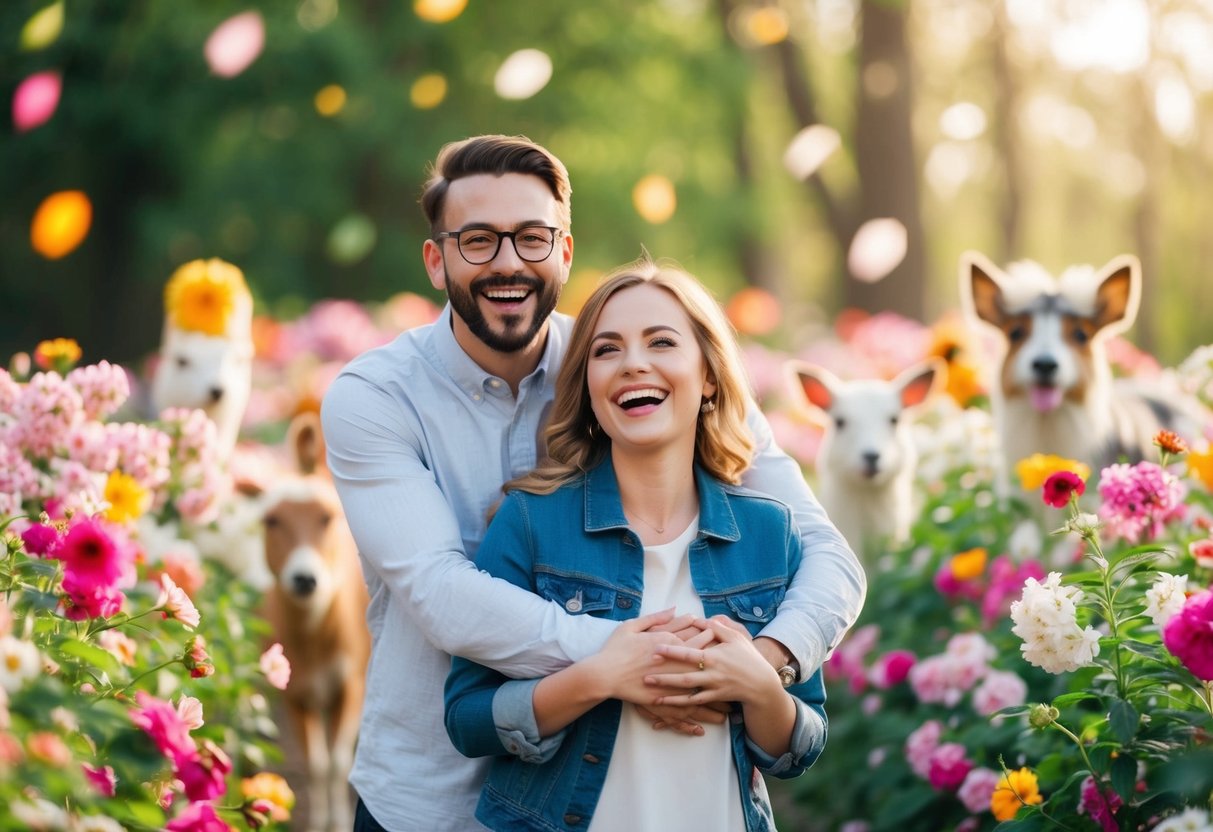 A joyful couple surrounded by blooming flowers and cheerful animals