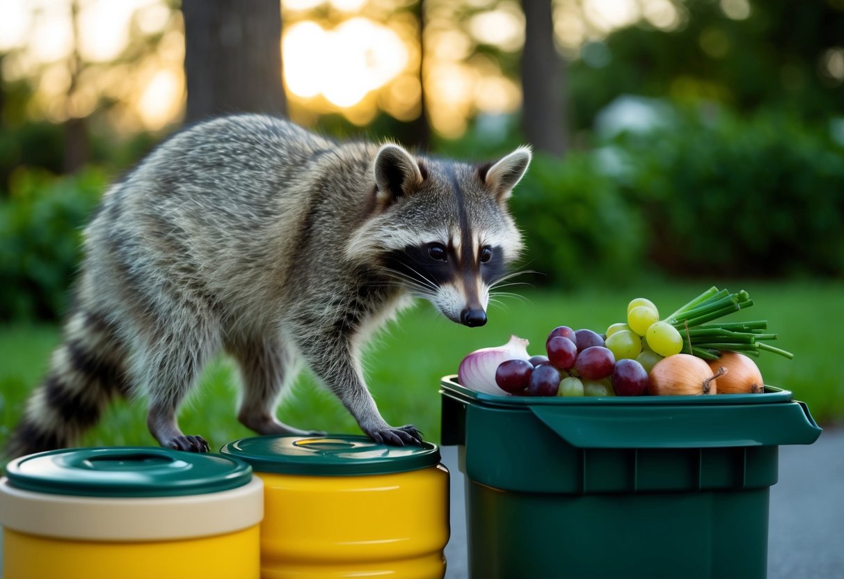 A raccoon cautiously sniffing at a garbage can filled with common household foods like chocolate, grapes, and onions, all of which are toxic to raccoons