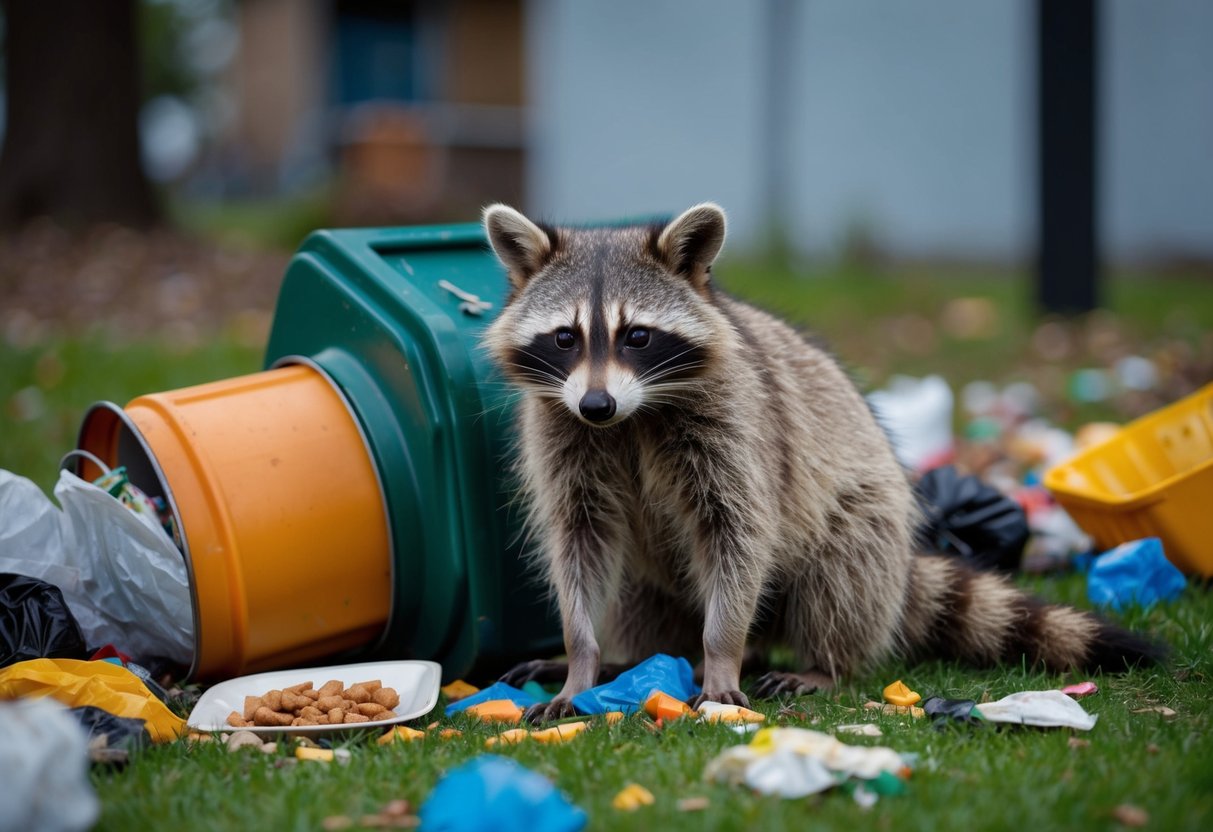 A raccoon surrounded by trash, with an overturned garbage bin and scattered food. The raccoon appears sick and lethargic