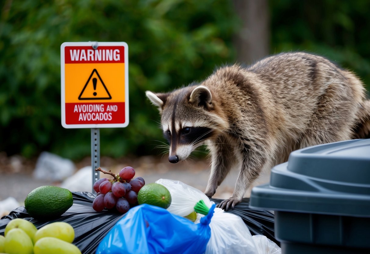 A raccoon cautiously sniffs a pile of garbage, avoiding grapes and avocados, with a warning sign nearby