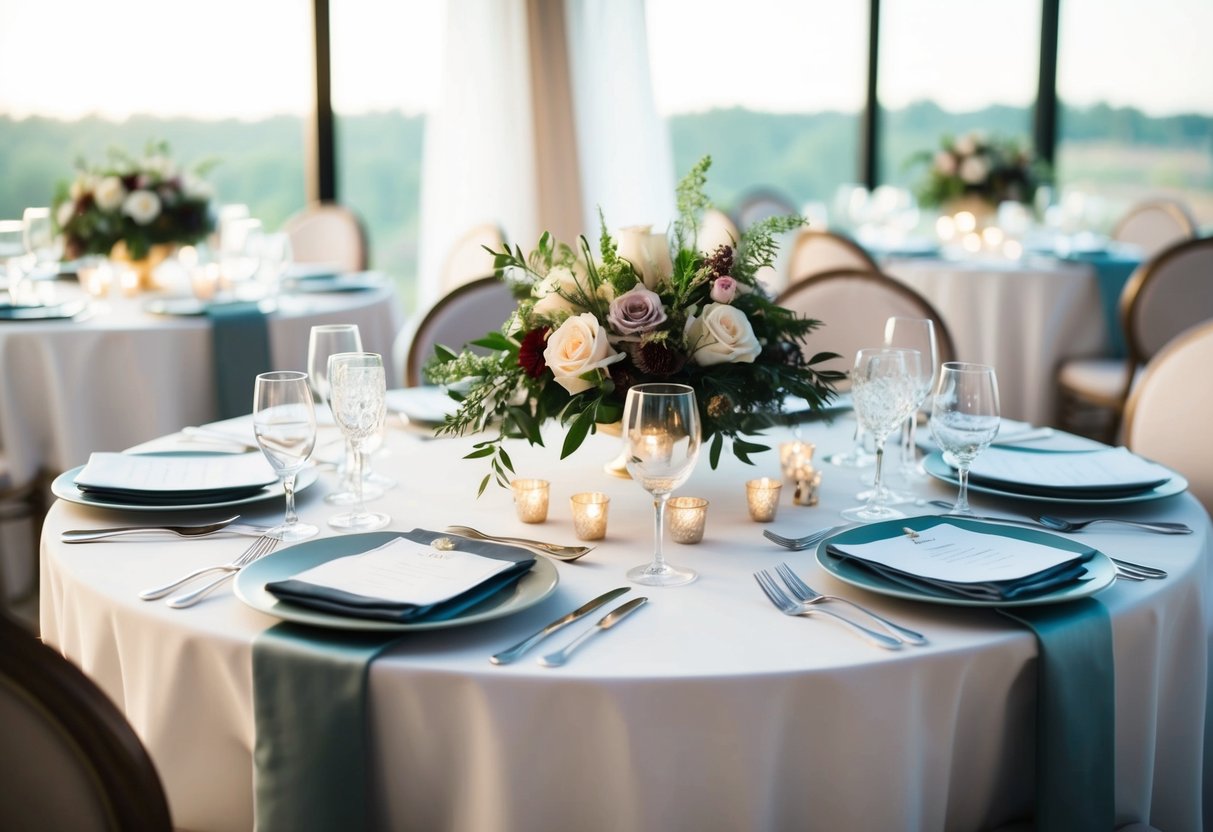 A table set for a pre-wedding event, with elegant place settings, floral centerpieces, and a seating chart