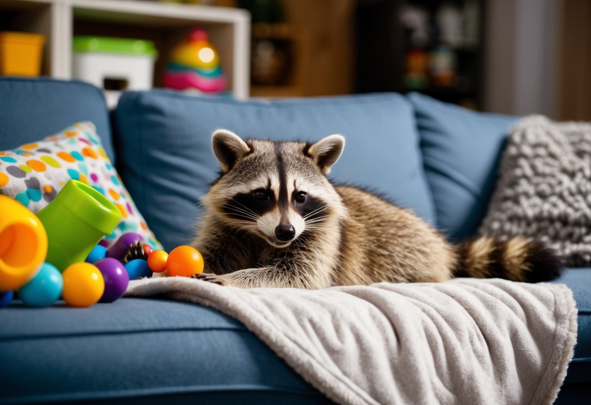 A raccoon lounges in a cozy living room, playing with toys and snuggling in a soft blanket. It looks content and happy, surrounded by pet supplies