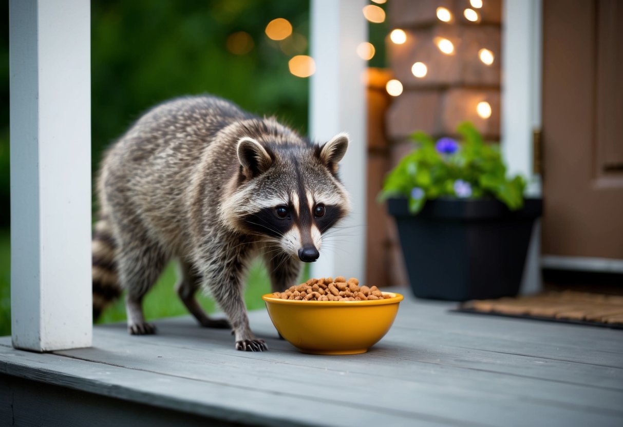 A raccoon cautiously approaches a bowl of food left out on a porch, sniffing and inspecting it with curiosity