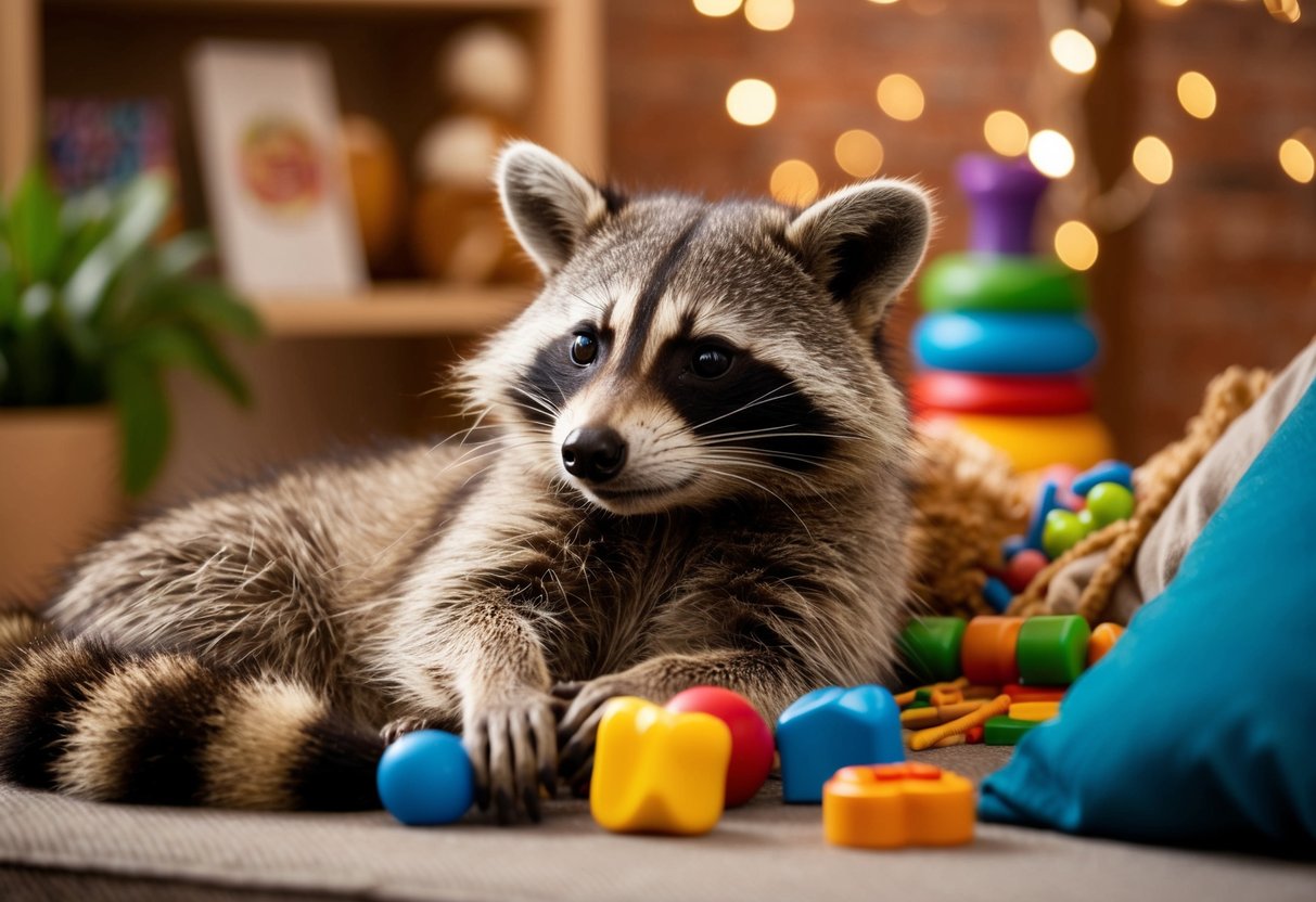 A raccoon lounges comfortably in a cozy indoor environment, surrounded by toys and treats. Its curious eyes gaze out, showing a mix of contentment and mischief