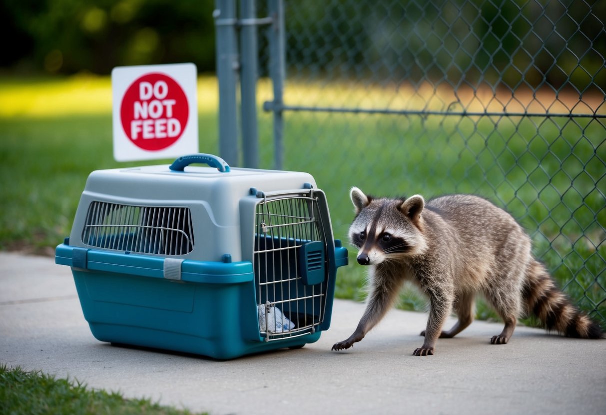 A raccoon cautiously approaches a pet carrier, sniffing curiously. Nearby, a "Do Not Feed" sign is posted on a fence