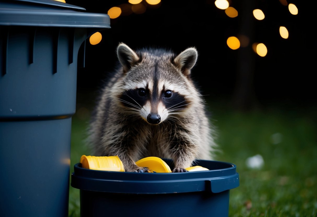 A raccoon rummages through a trash can at night, its eyes glowing in the darkness as it looks for food