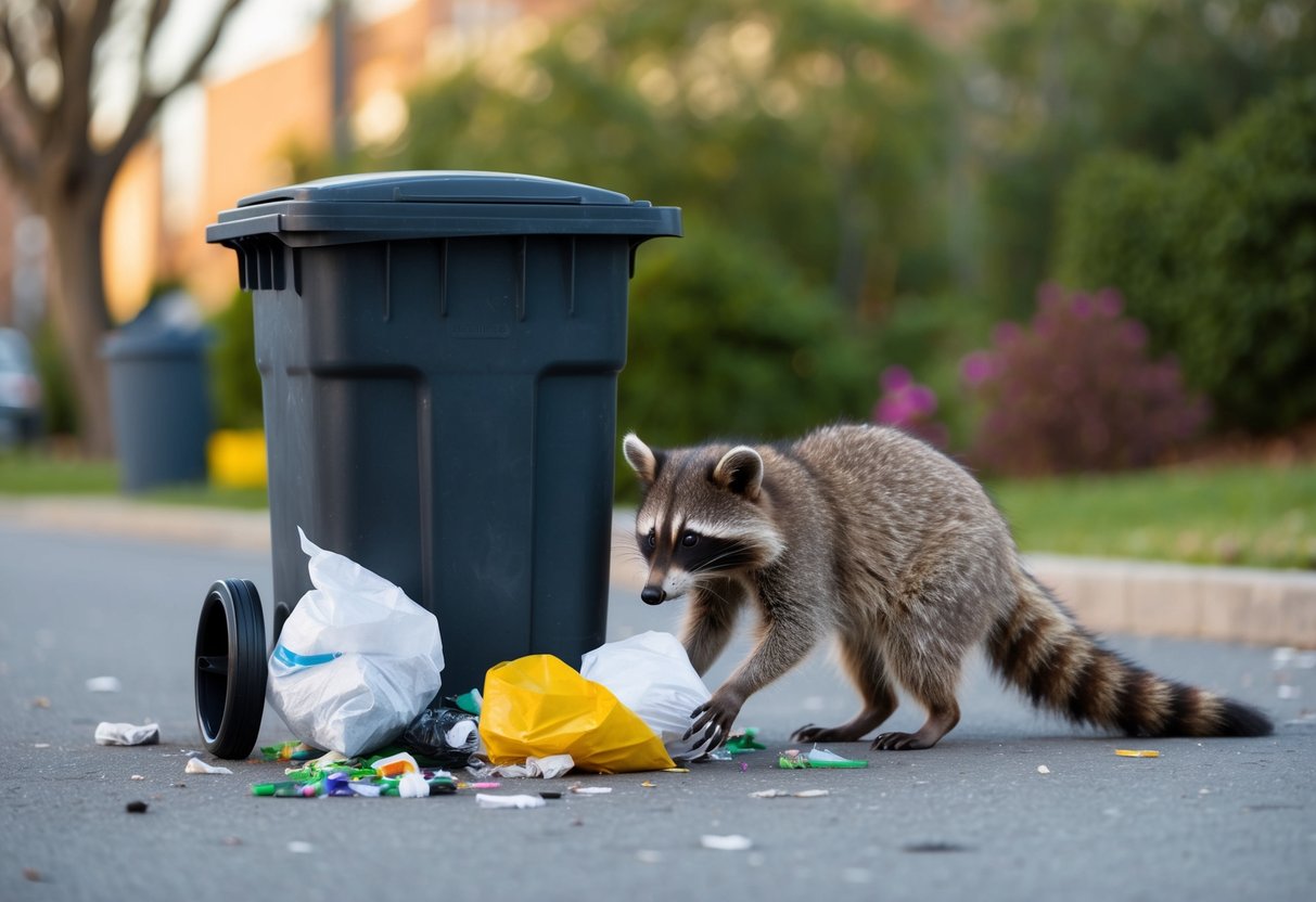 A raccoon rummages through a trash can, scattering garbage on the ground