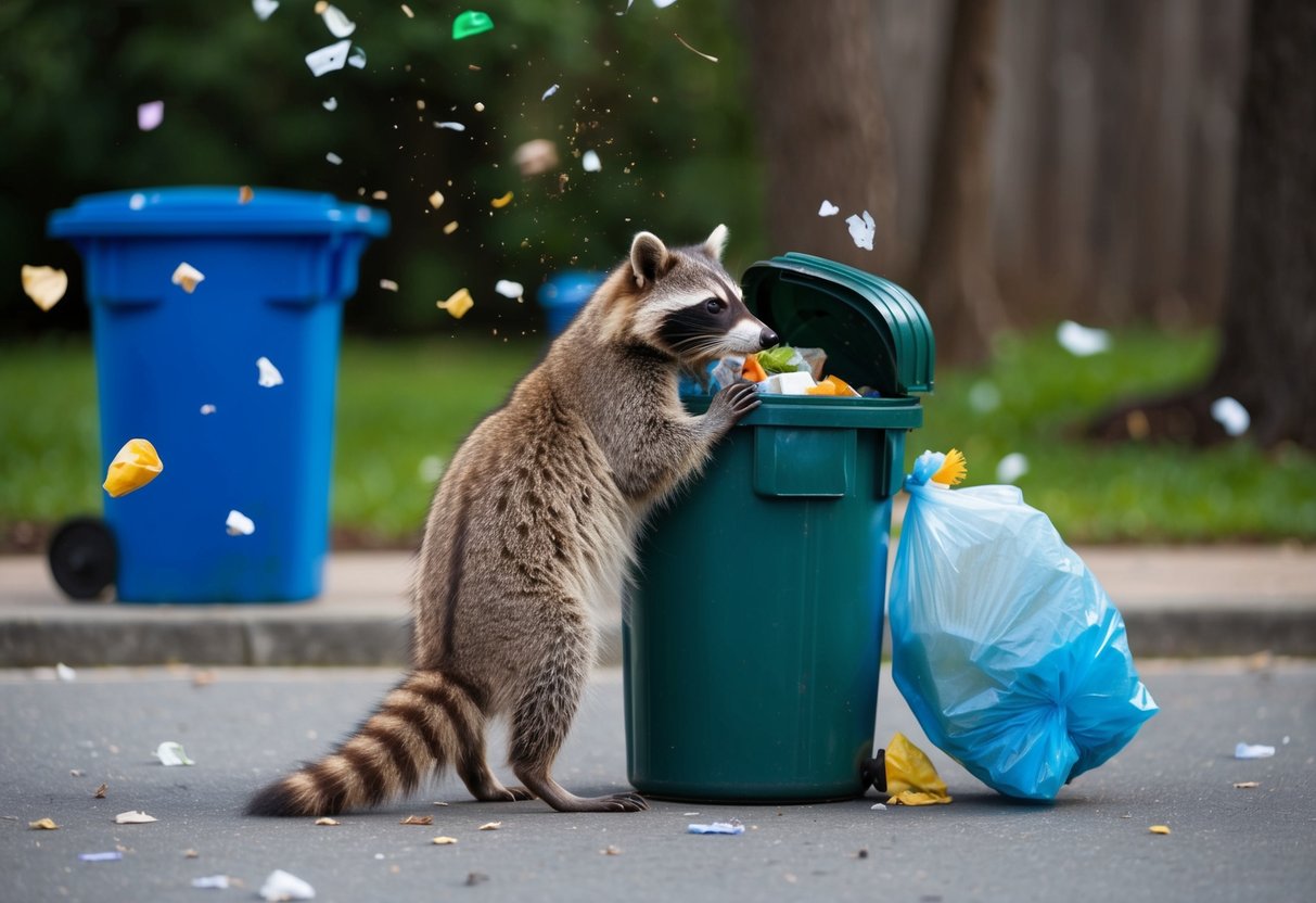 A raccoon rummages through a trash can, scattering garbage