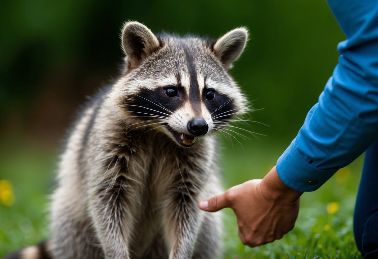 A raccoon hisses while being approached by a person, showing signs of distress and discomfort