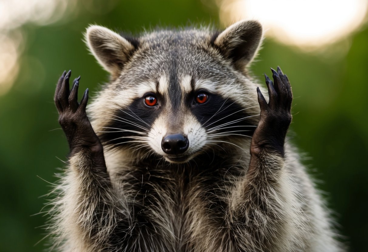 A raccoon with disheveled fur and red, watery eyes, scratching at its ears with its front paws