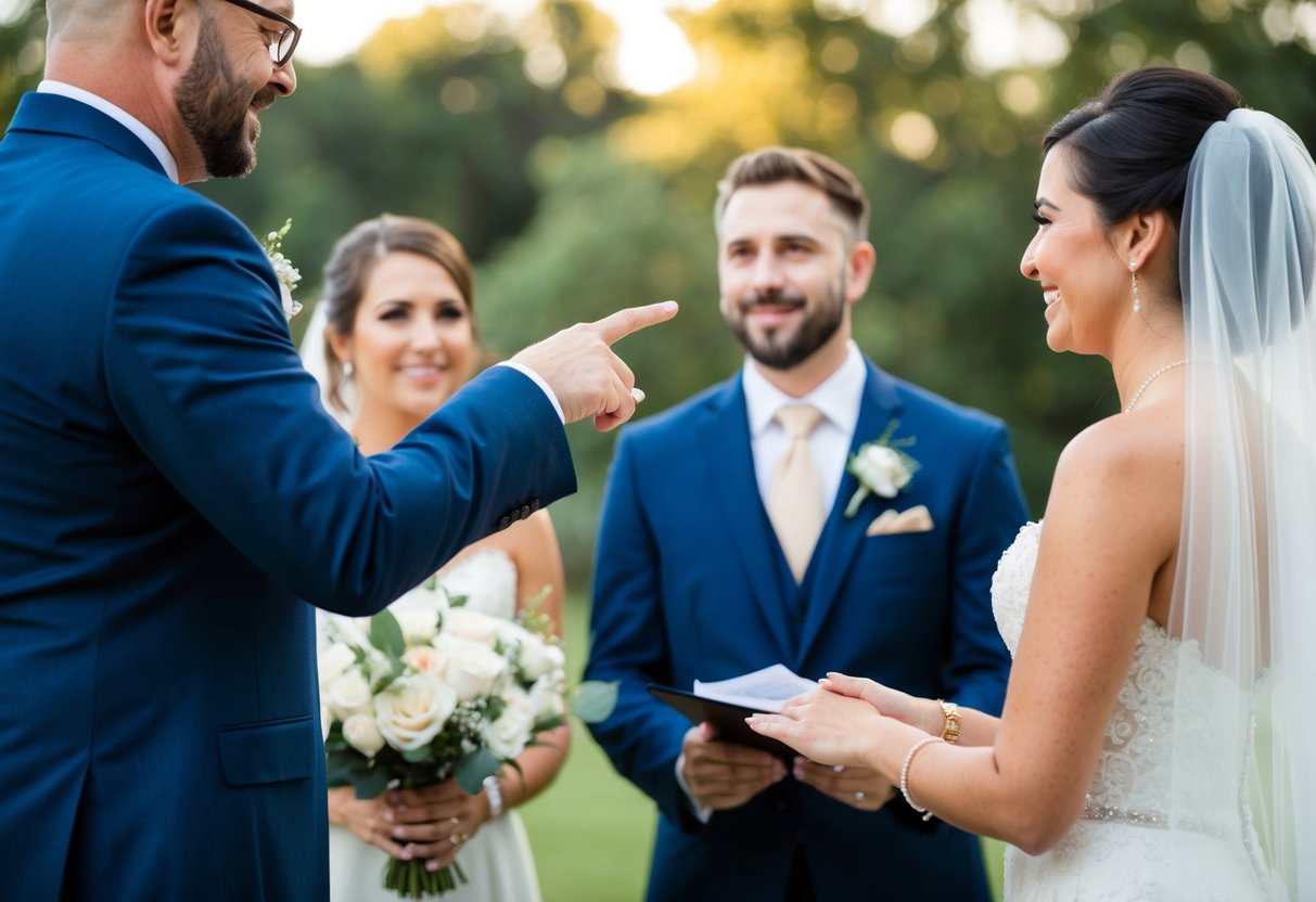 The officiant gestures towards the bride and groom, indicating who will be asked to recite their vows first in the wedding ceremony