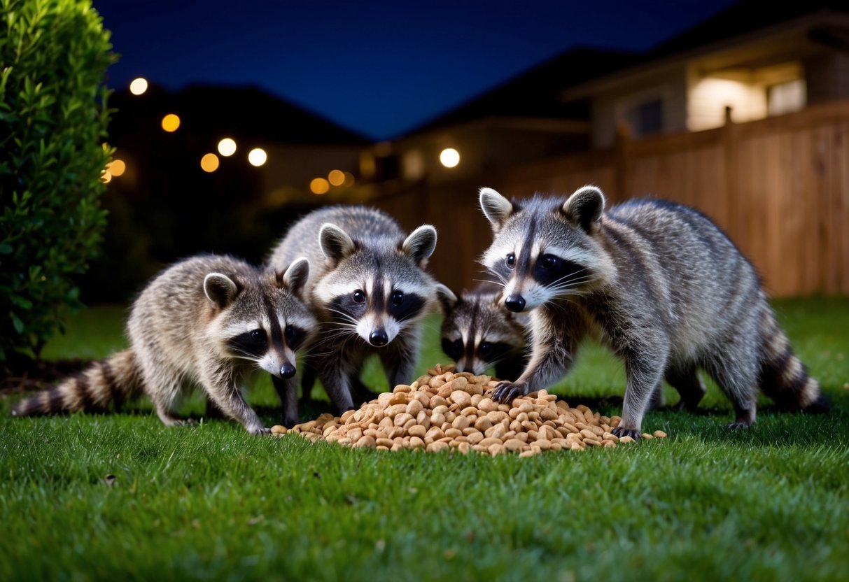 A raccoon family forages for food in a suburban backyard at night, showcasing their adaptability to urban environments