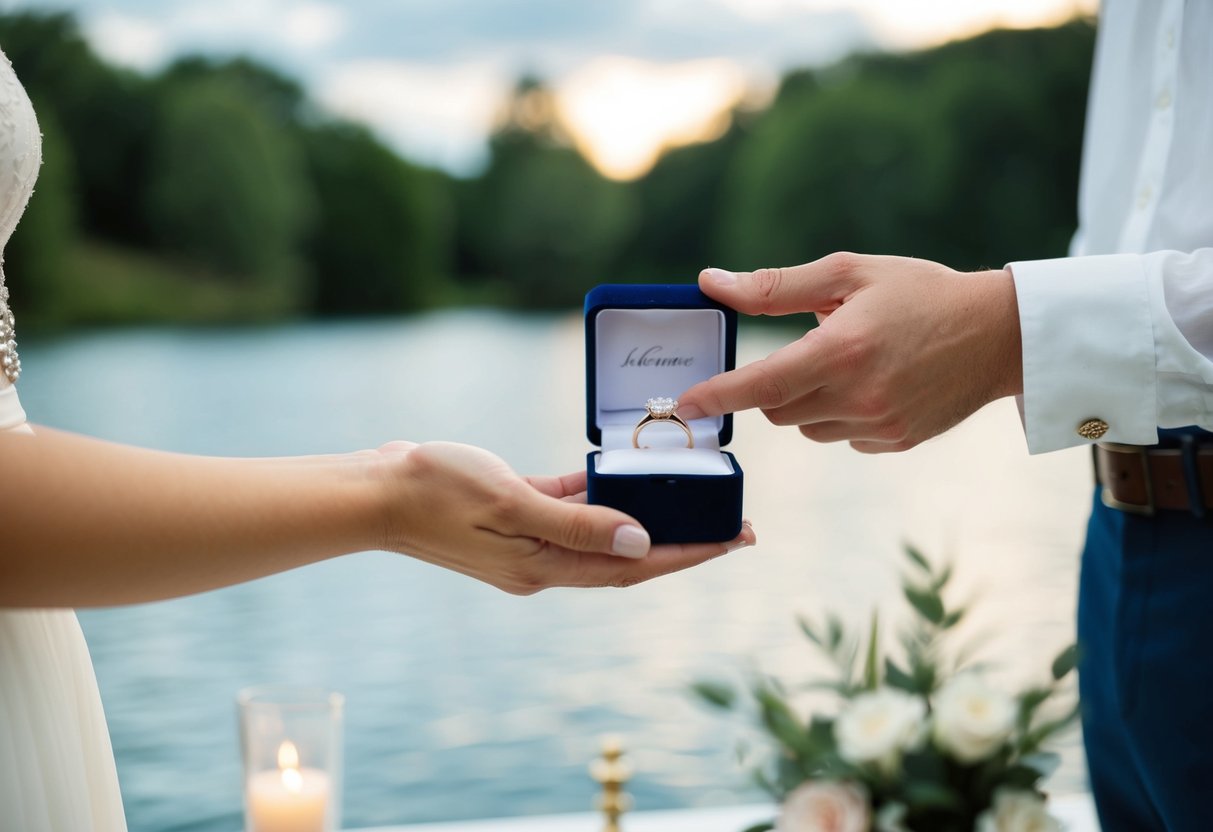 A person holding out a ring box to another person, with a serene and romantic setting in the background
