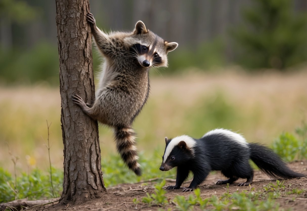 A raccoon and a skunk in their natural habitat, with the raccoon climbing a tree and the skunk foraging on the ground. The background shows a mix of forest and grassland