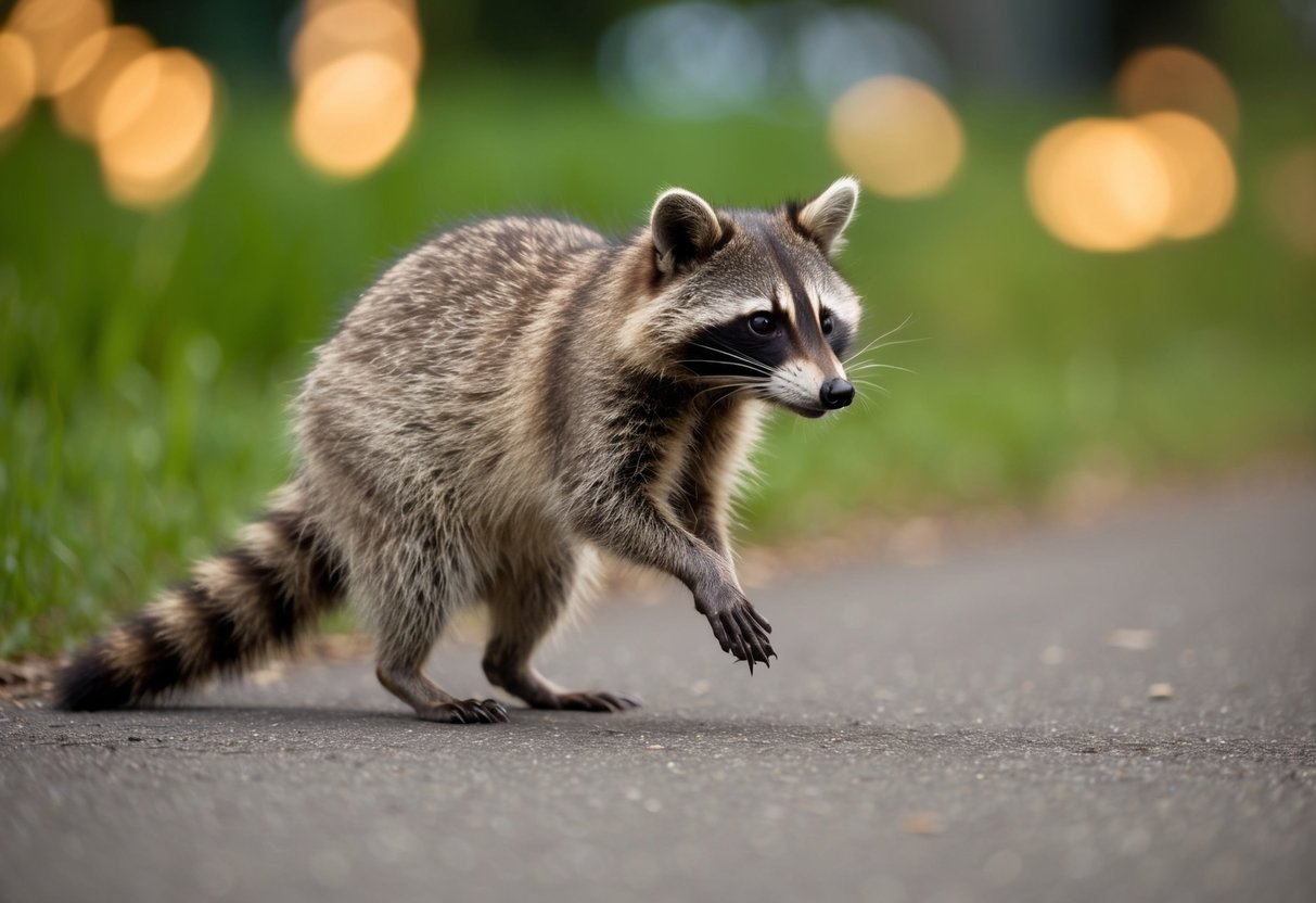 A raccoon approaches, standing on its hind legs, sniffing the air cautiously