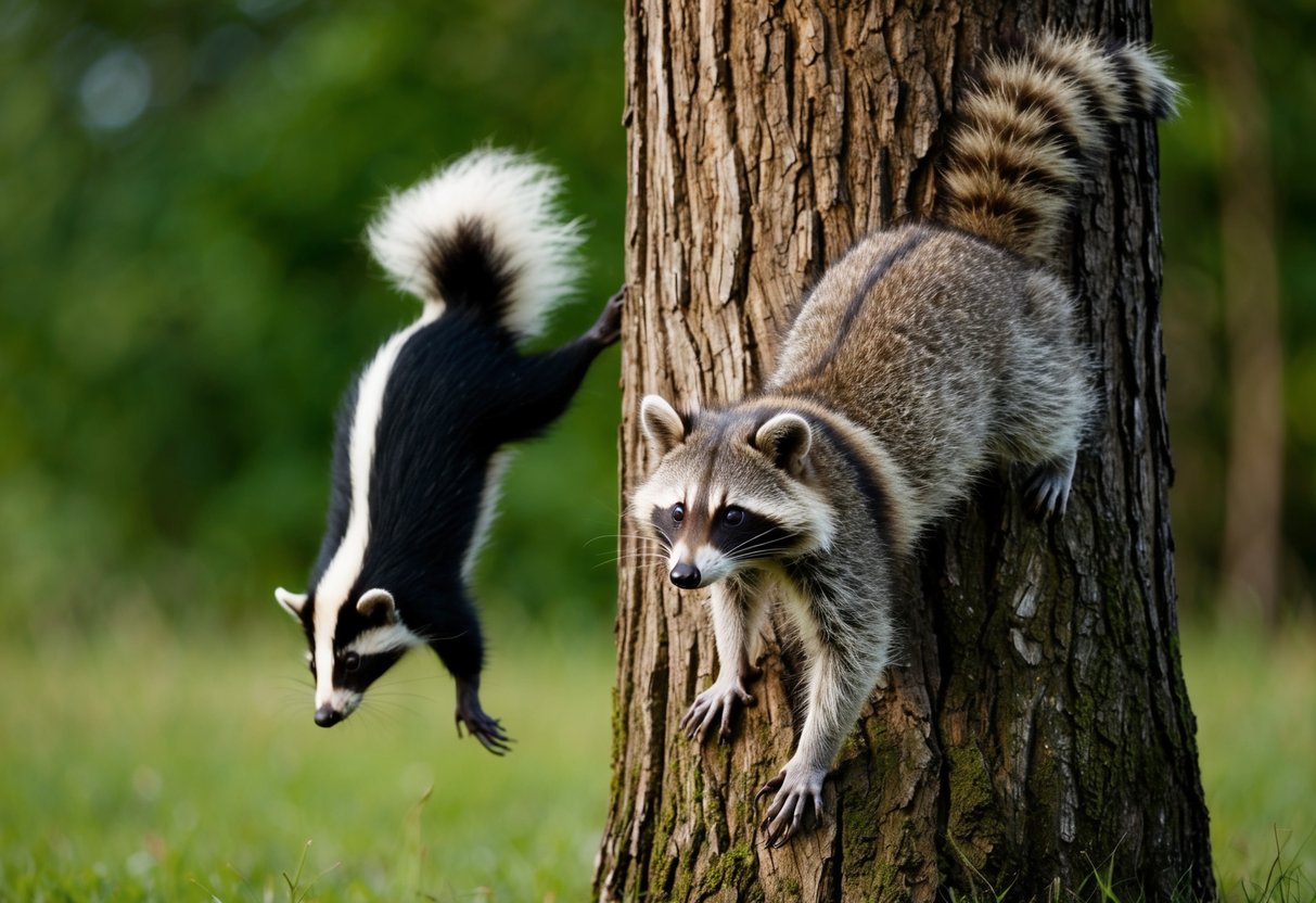 A raccoon climbs a tree to avoid a predator, while a skunk raises its tail in defense
