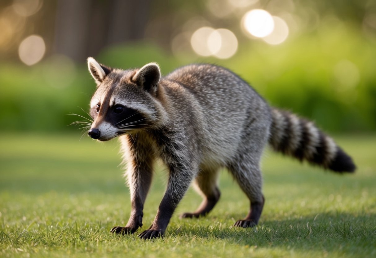 A raccoon approaches, standing on its hind legs, sniffing the air with curiosity