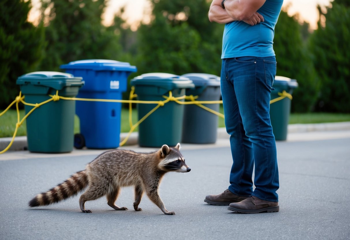 A raccoon approaches a person, who stands still with arms crossed, avoiding direct eye contact. Trash cans are secured with bungee cords nearby