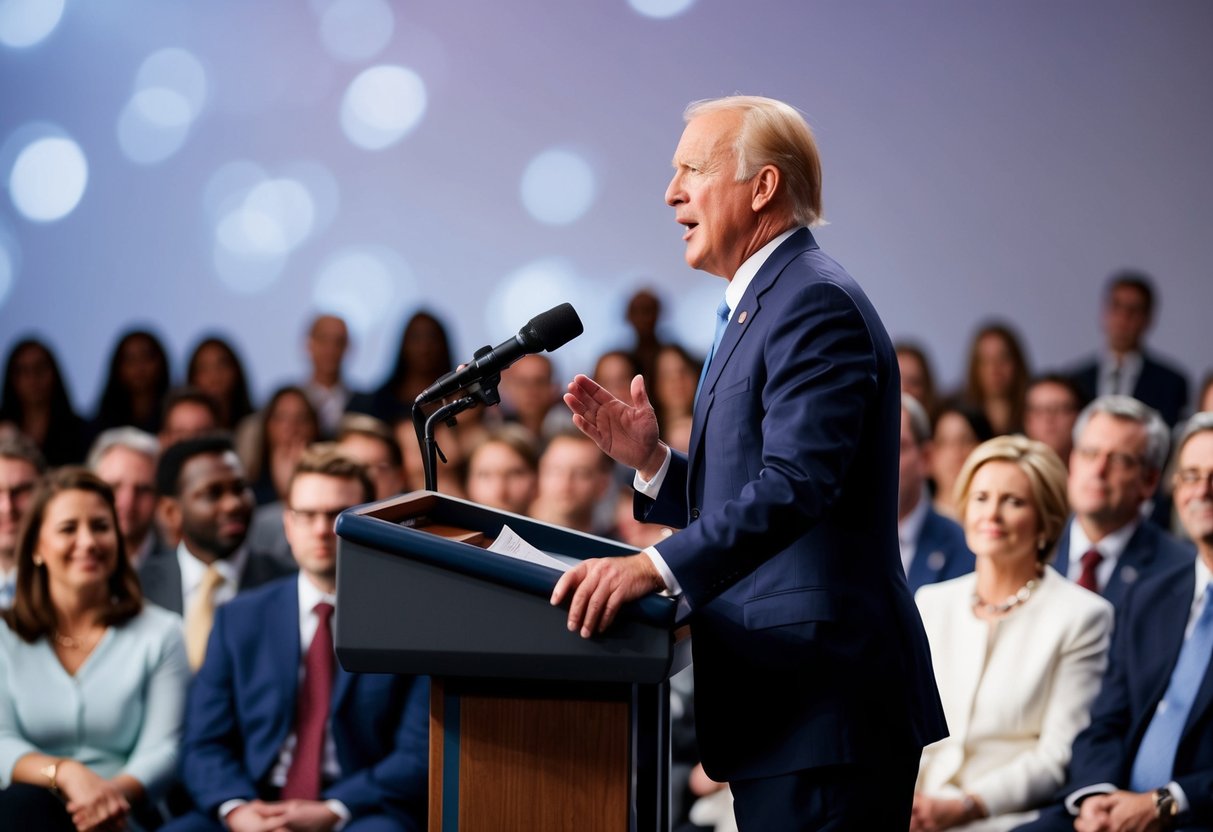 A figure stands at a podium in front of a group of people, delivering a speech with emotion and conviction. The audience listens attentively, some smiling or wiping away tears