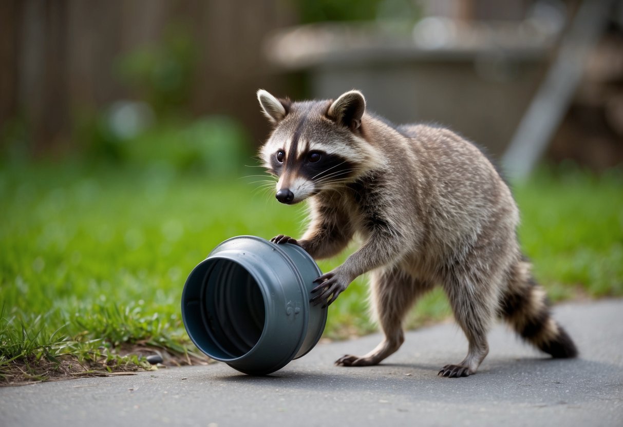 A raccoon stands on its hind legs, cautiously approaching a small, overturned trash can. Its eyes are bright and curious as it sniffs the air