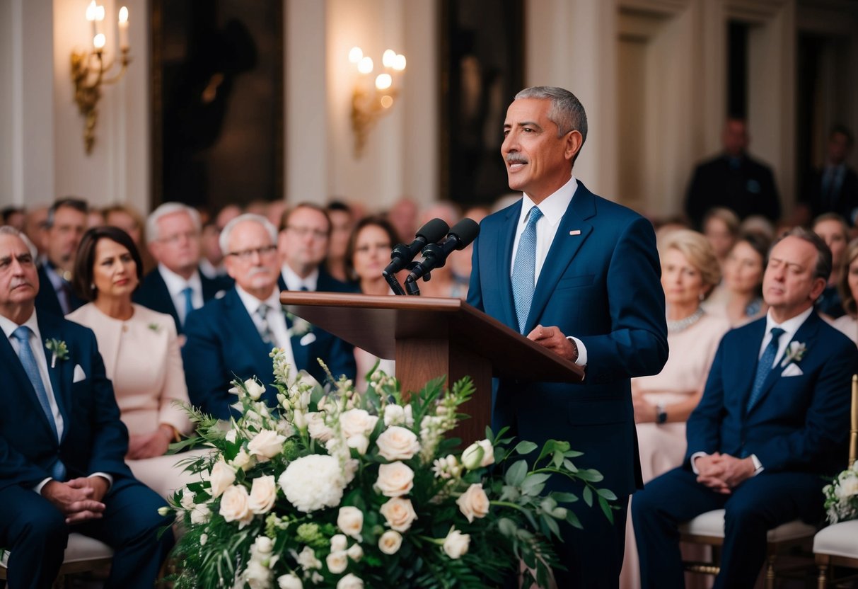 A figure stands at a podium, surrounded by elegant decor. Guests listen intently as the speaker delivers a heartfelt speech