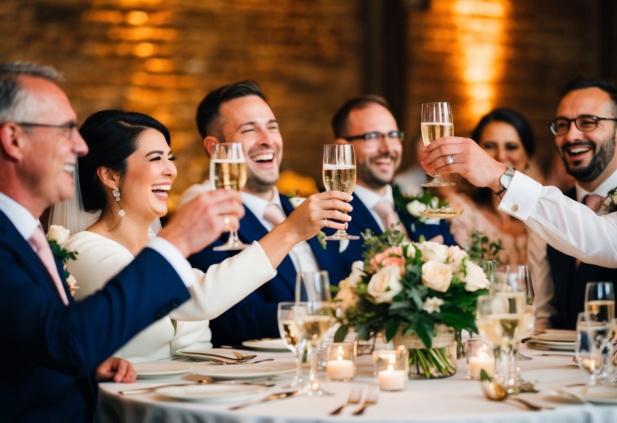 Guests raise glasses, laughter fills the air as speeches are given, creating a warm and intimate atmosphere