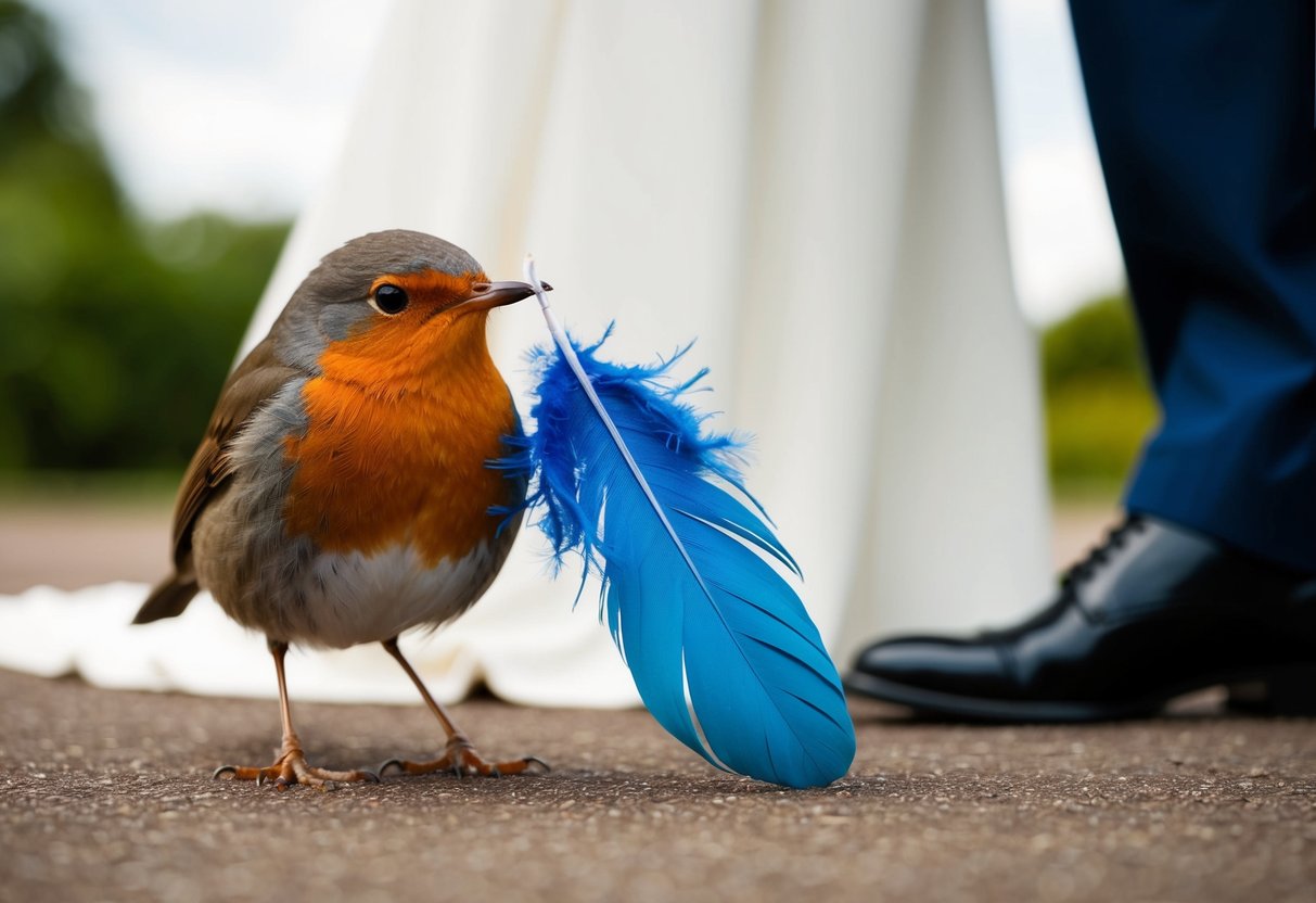 A robin drops a blue feather at the bride's feet