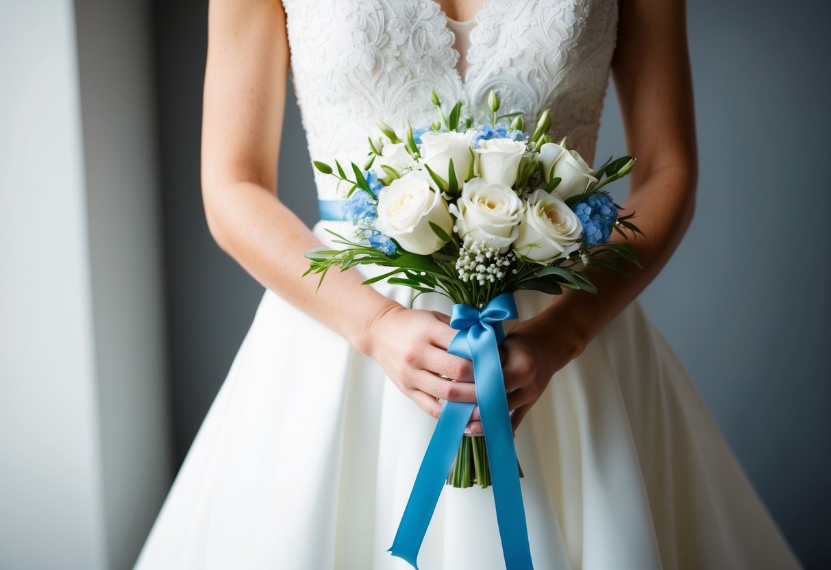 A bride's hand holding a delicate blue ribbon tied around a bouquet of white flowers