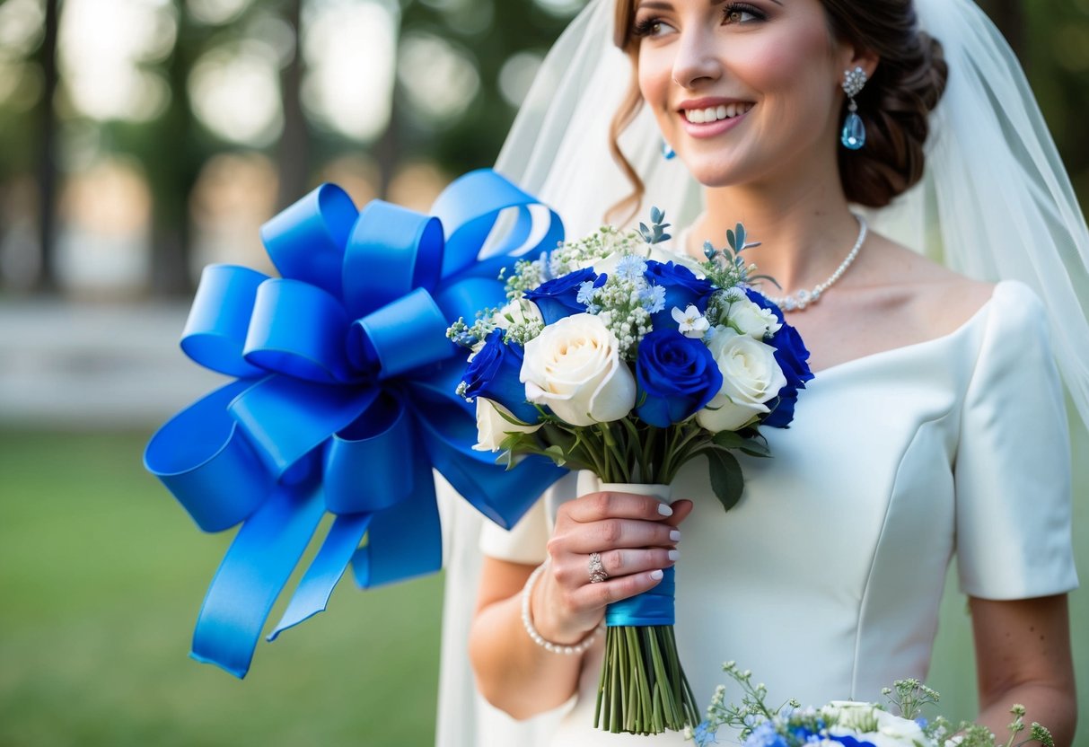 A bride holds a vintage blue handkerchief while a modern blue ribbon adorns her bouquet