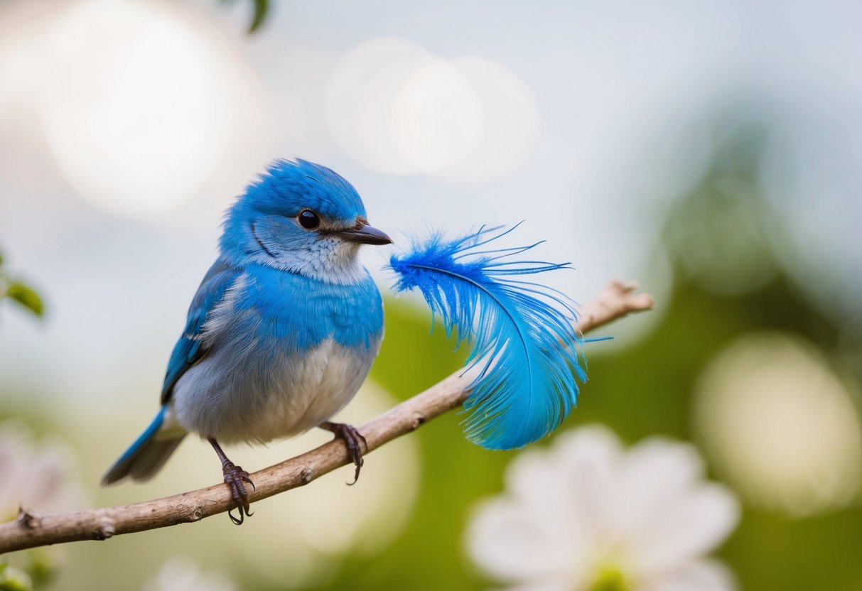 A small blue bird perches on a delicate branch, presenting a shimmering blue feather to the bride