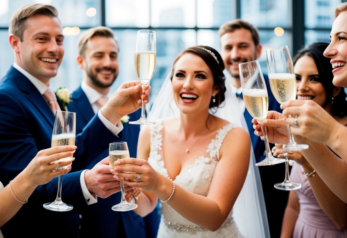 A champagne glass is lifted towards the bride, surrounded by smiling faces and clinking glasses