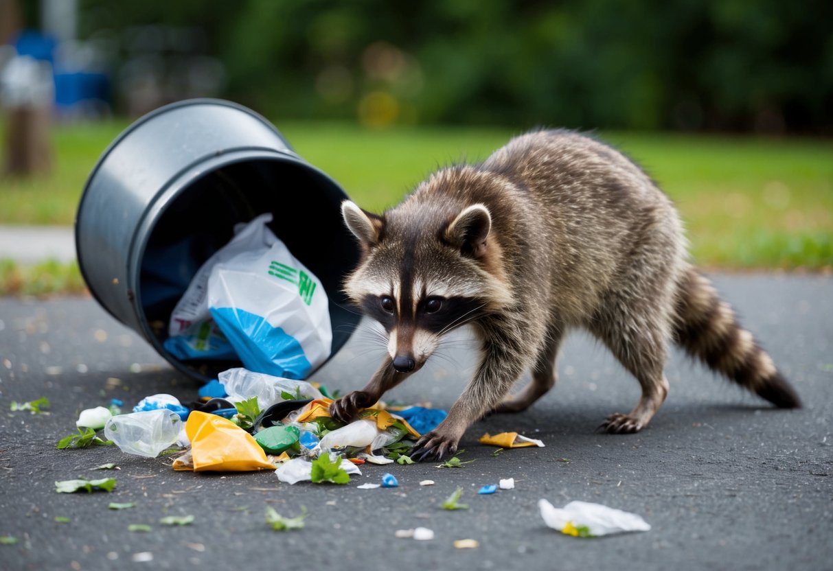 A raccoon rummages through a trash can, scattering garbage across the ground. Its paws and claws are visible as it digs for food