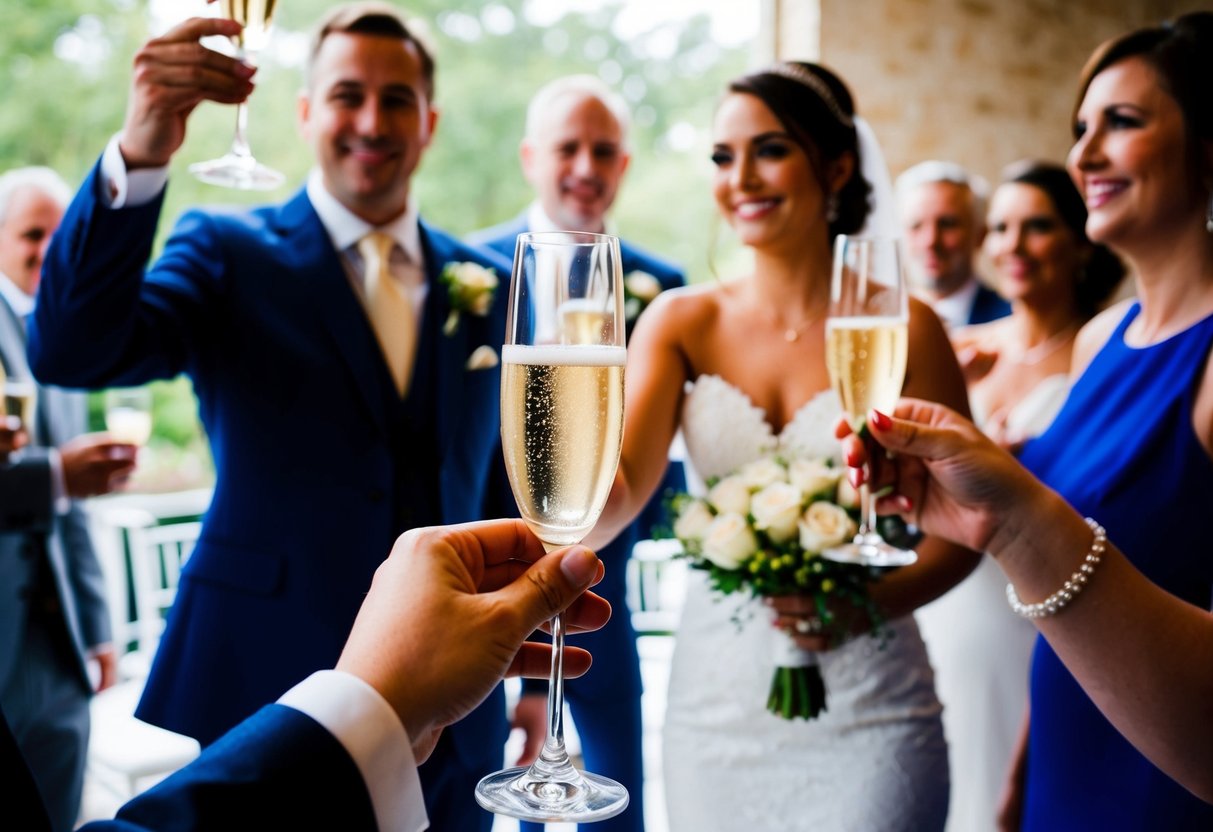 A figure holds a champagne glass, facing the bride. Attendees look on, smiling and raising their own glasses in celebration